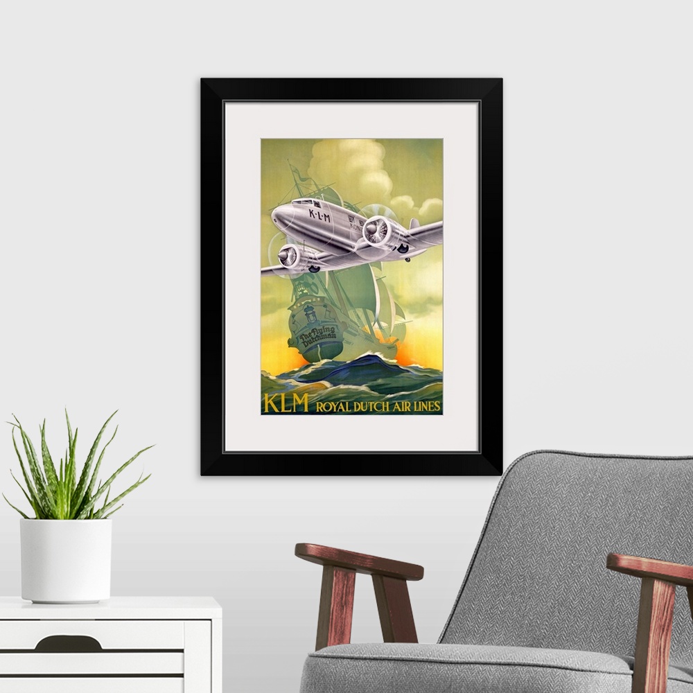 A modern room featuring Large antique art portrays an advertisement for a company offering airplane transportation.  In t...