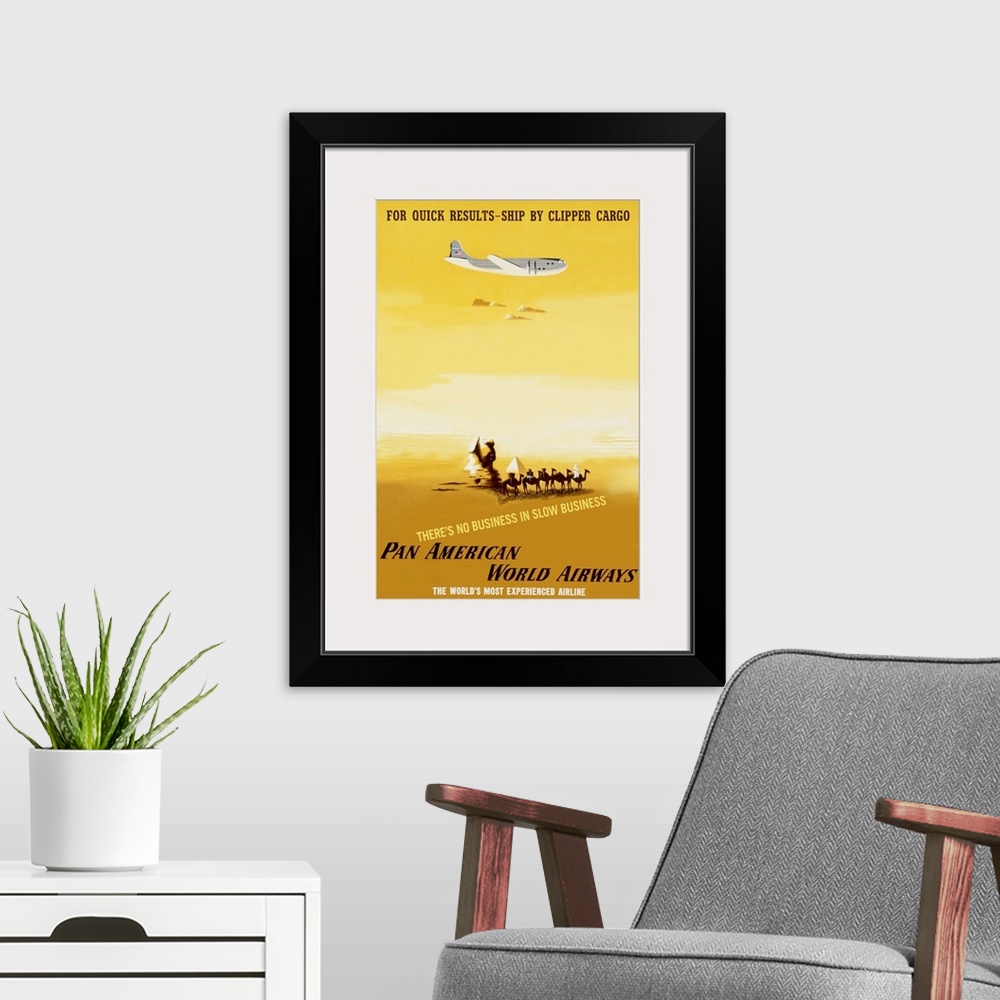 A modern room featuring This is a vertical retro advertisement of a cargo plane flying over a drawing of the Sphinx and c...