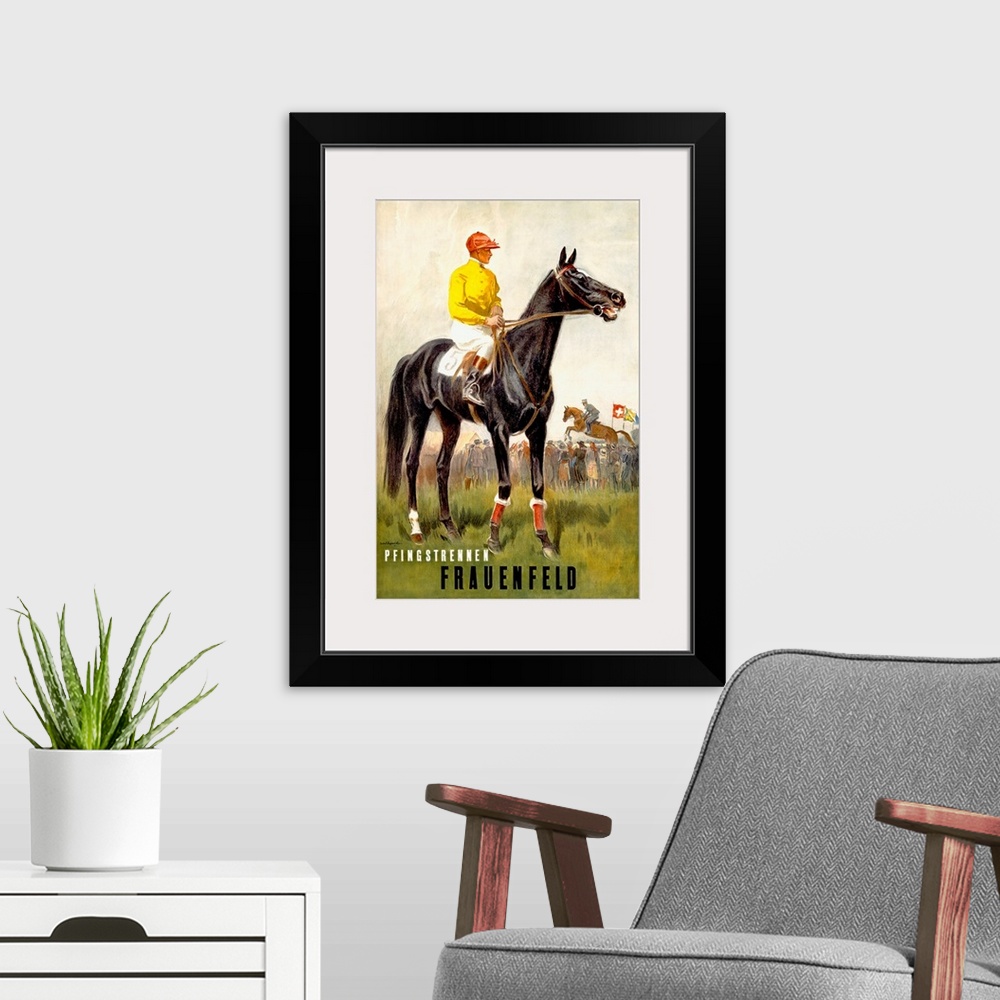 A modern room featuring Vintage poster of a jockey sitting on its horse while another jockey is competing with his horse ...