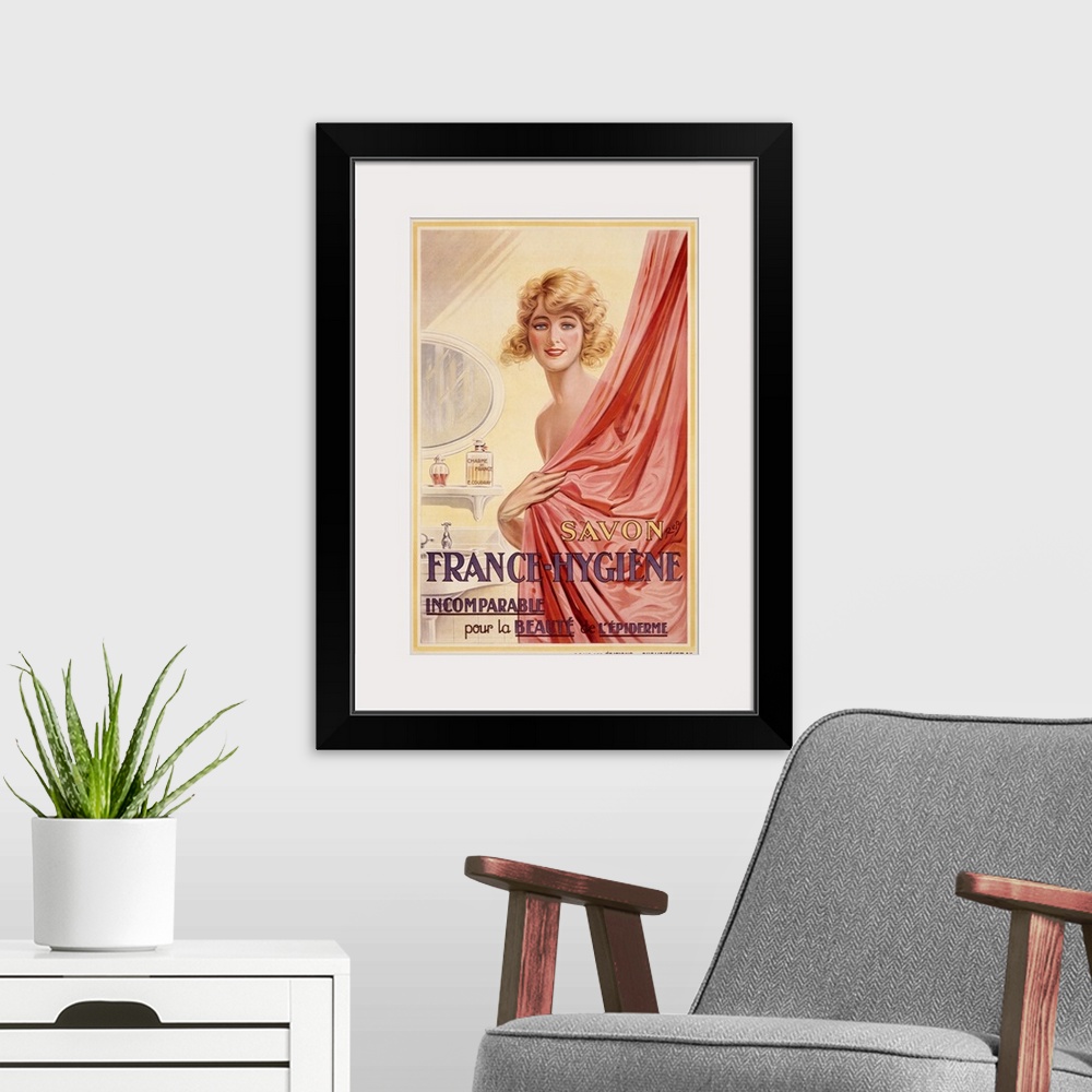 A modern room featuring Savon France Hygiene, Vintage Poster