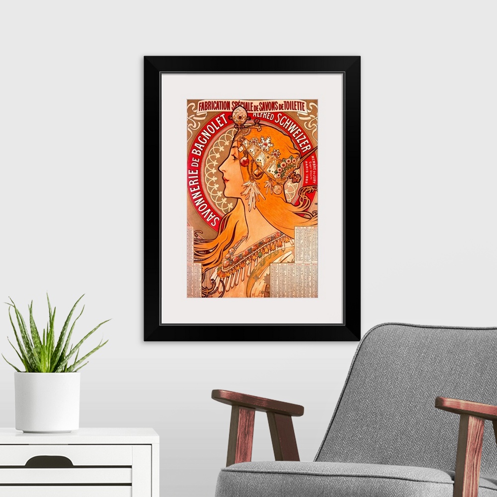 A modern room featuring Large, vertical vintage art poster with French text, of the profile of a woman with long golden h...