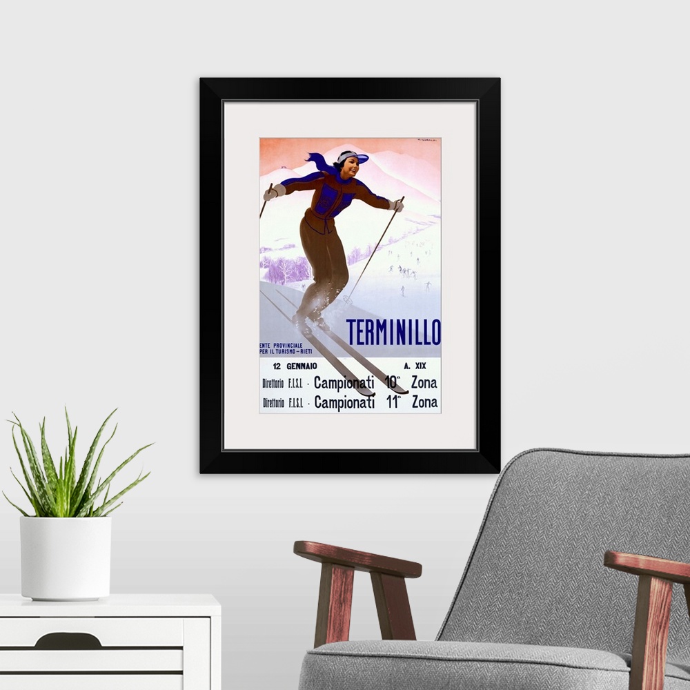 A modern room featuring Terminillo, Woman Skiing, Vintage Poster, by Giuseppe Riccobaldi