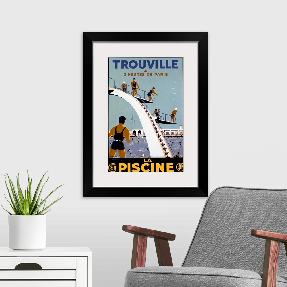 A modern room featuring Trouville, La Piscine, Vintage Poster, by Molusson