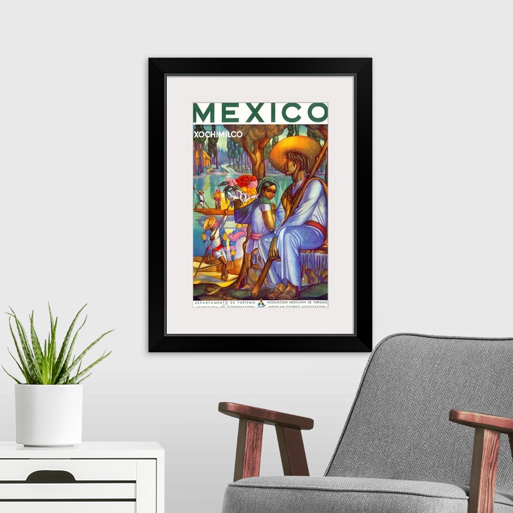 A modern room featuring Vintage Mexican tourist poster  with several men pushing boats through the water with long poles ...