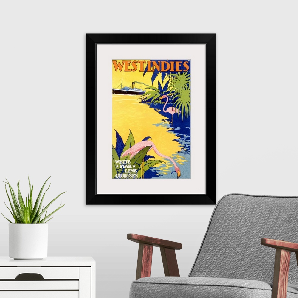 A modern room featuring Old advertising poster for a cruise ship.  There is an image of two flamingos at the water's edge...