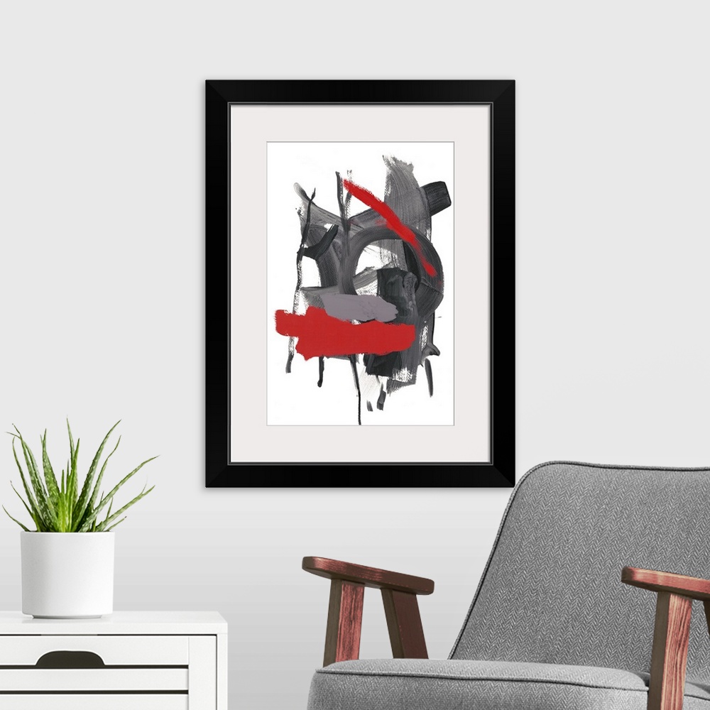 A modern room featuring Contemporary abstract painting in grey and red with dripping paint.