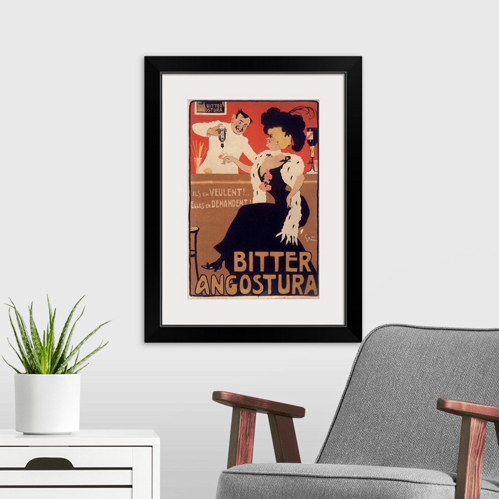A modern room featuring Vintage poster advertisement for Angostora Bitters.
