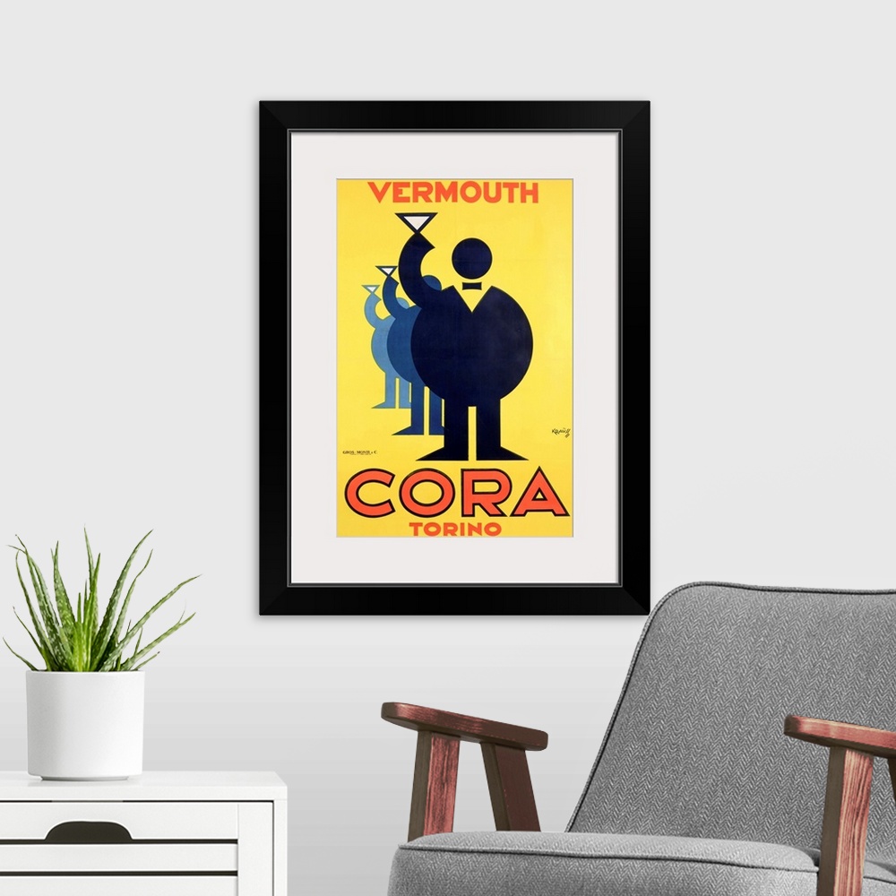 A modern room featuring Vintage poster advertisement for Cora Vermouth.