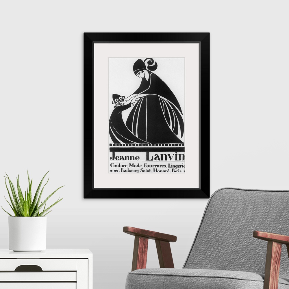A modern room featuring Vintage poster advertisement for Jeanne Lanvin.