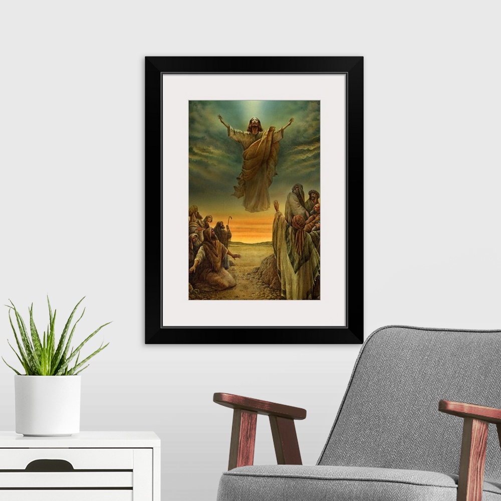 A modern room featuring This vertical wall hanging is a painting of Traditional Wall art depicting Jesus floating over a ...