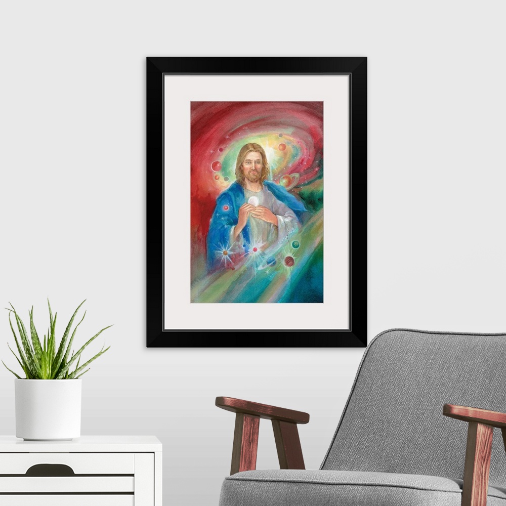A modern room featuring Jesus with the planets and stars