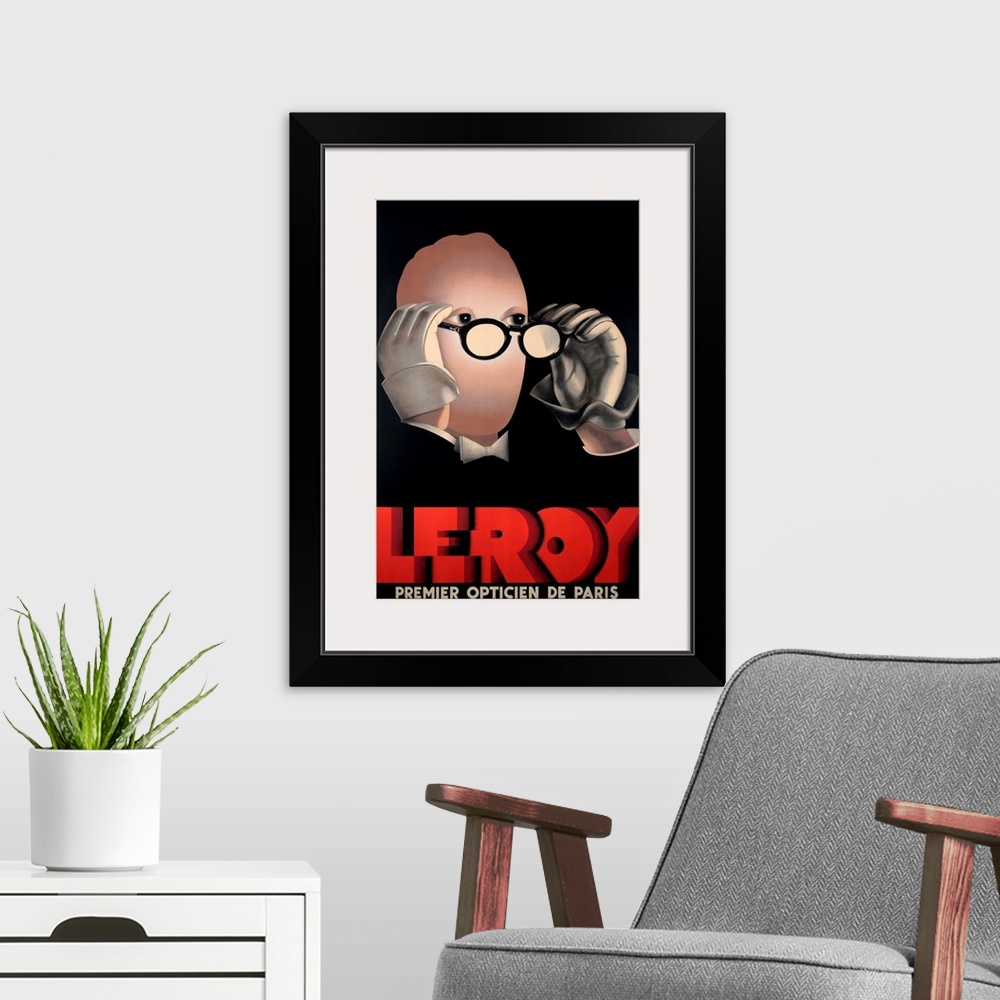 A modern room featuring Vintage poster advertisement for Leroy Optical.