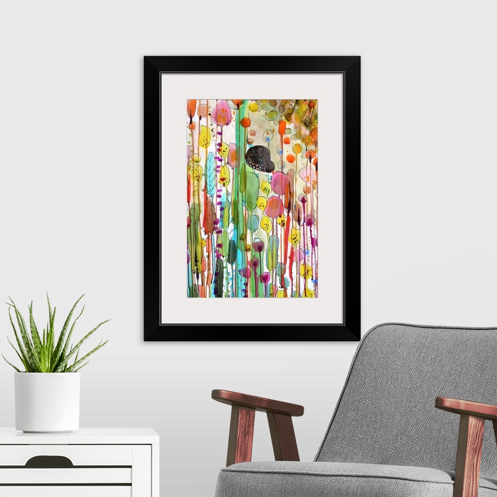 A modern room featuring Contemporary painting of a bird against a colorful background.