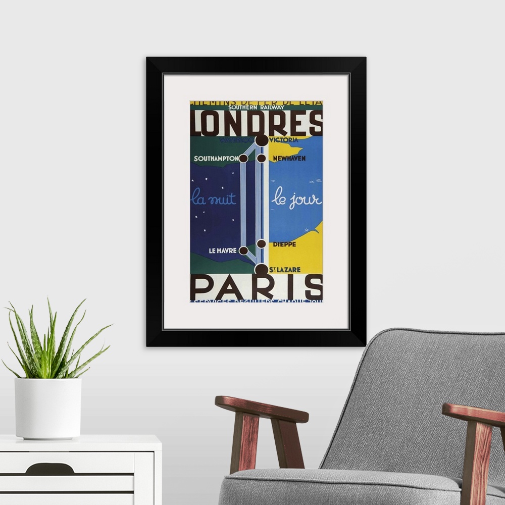 A modern room featuring Vintage poster advertisement for Londres Paris.