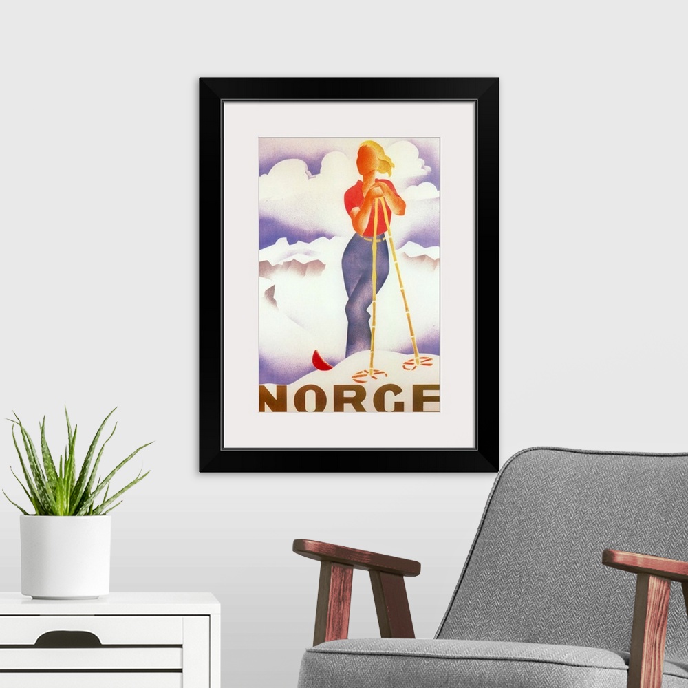 A modern room featuring Vintage poster advertisement for Norge.