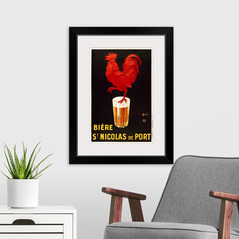 A modern room featuring VINTAGE POSTERbeer glass and roosterBIERE S'NICOLAS DE PORTman cave