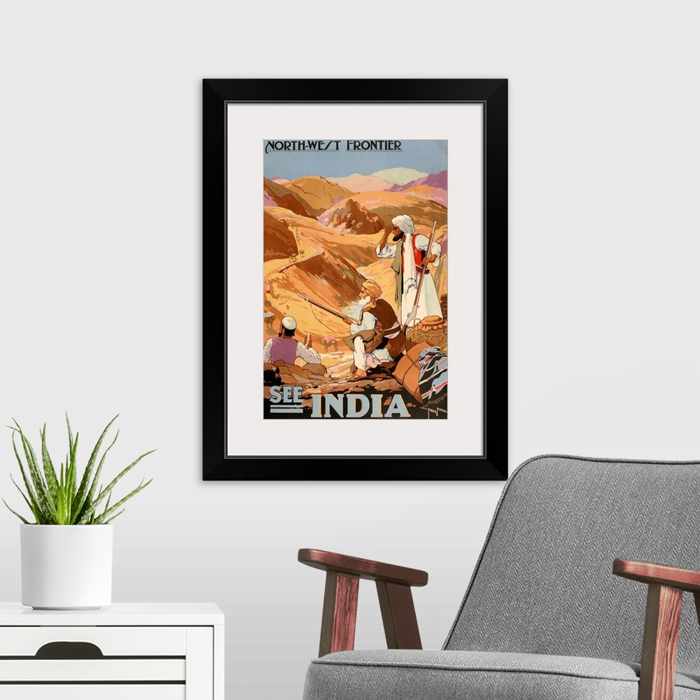 A modern room featuring Vintage Travel Poster for See India - the Northwest Frontier