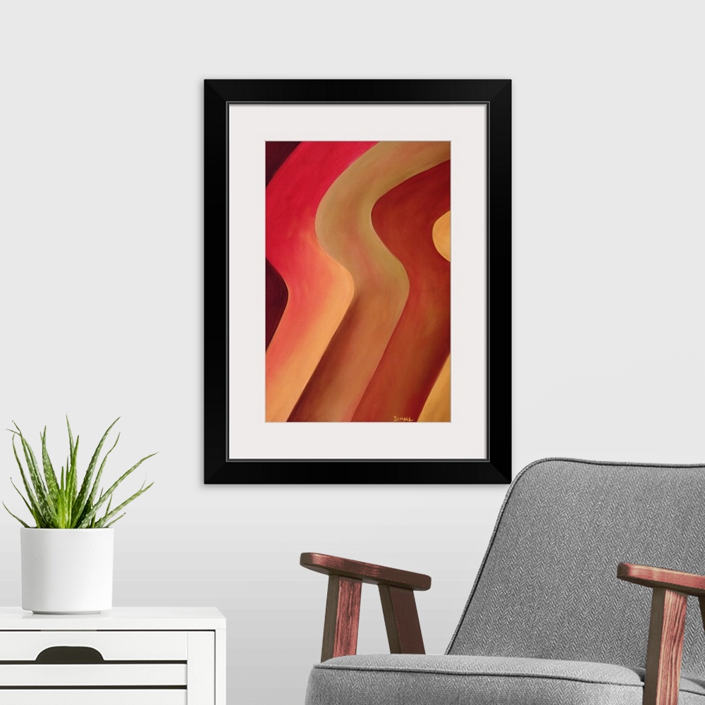 A modern room featuring Large abstract art composed of thick diagonal earth toned lines that incorporate a single ripple ...