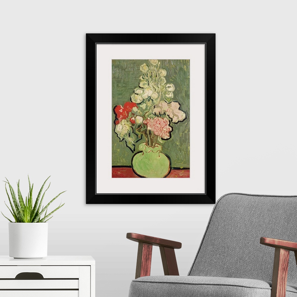 A modern room featuring Tall abstract painting of flowers in a vase with heavy brush stroke textures.