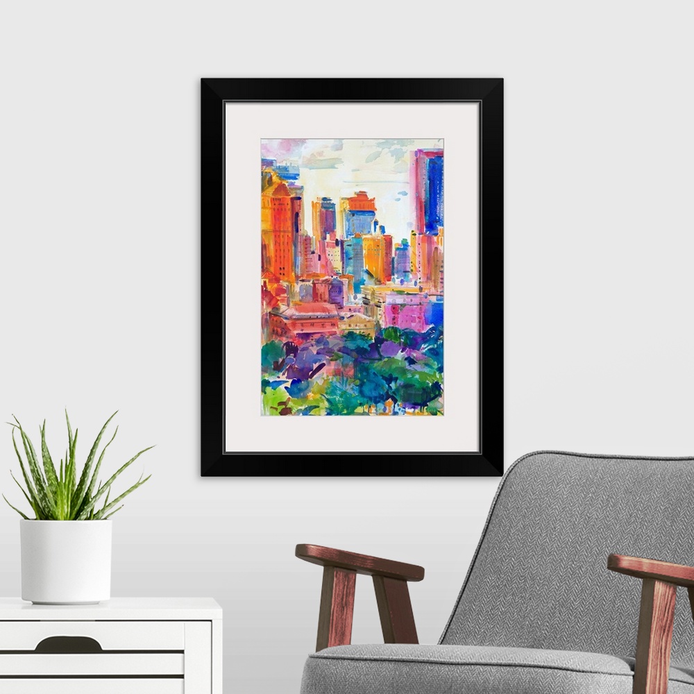 A modern room featuring Huge contemporary art portrays a section of the New York skyline sitting behind a famous urban re...