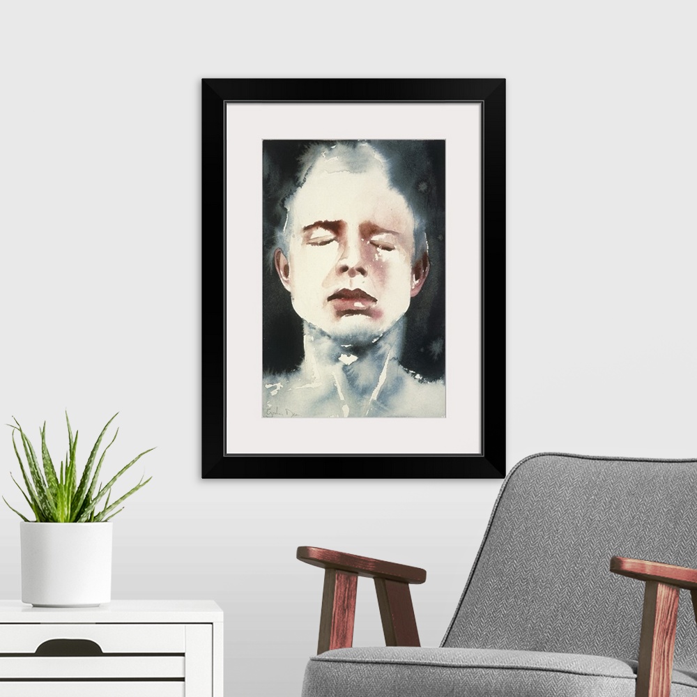 A modern room featuring Contemporary watercolor painting of a person with closed eyes is partially submerged in dark water.
