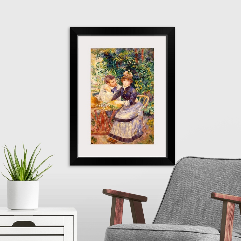 A modern room featuring A classic piece of artwork with two people sitting in a garden at a small table as the woman look...