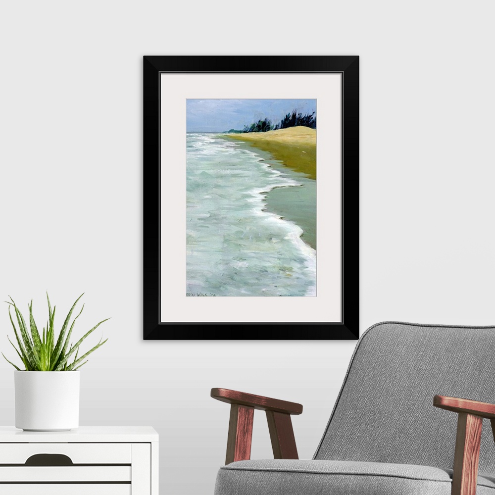 A modern room featuring This is a contemporary painting showing waves rocking against the shore of a sandy beach on a ver...