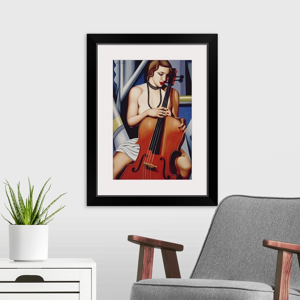 A modern room featuring Big vertical contemporary artwork of a topless woman holding onto a cello as she gazes downward. ...