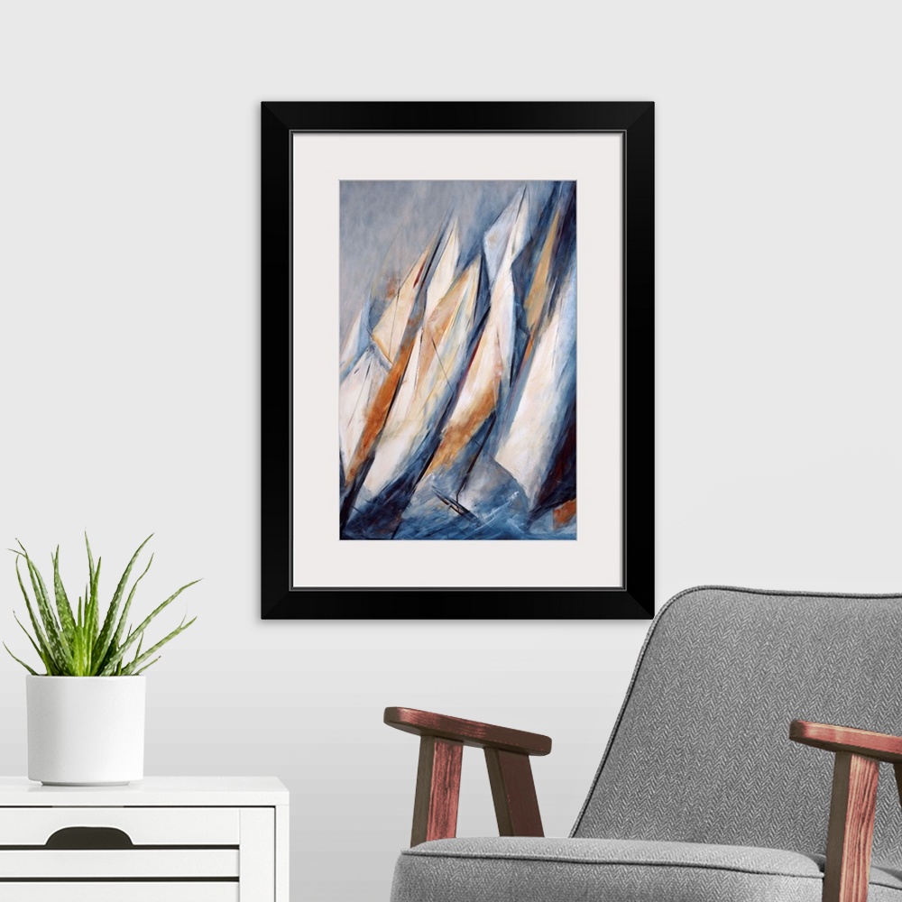 A modern room featuring A contemporary painting of sailboats on rough waters.