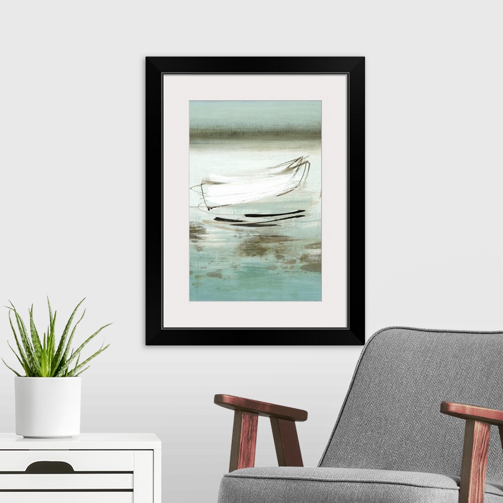 A modern room featuring A modern abstract landscape of a beach scene in bold brush strokes of  gray, green and blue.