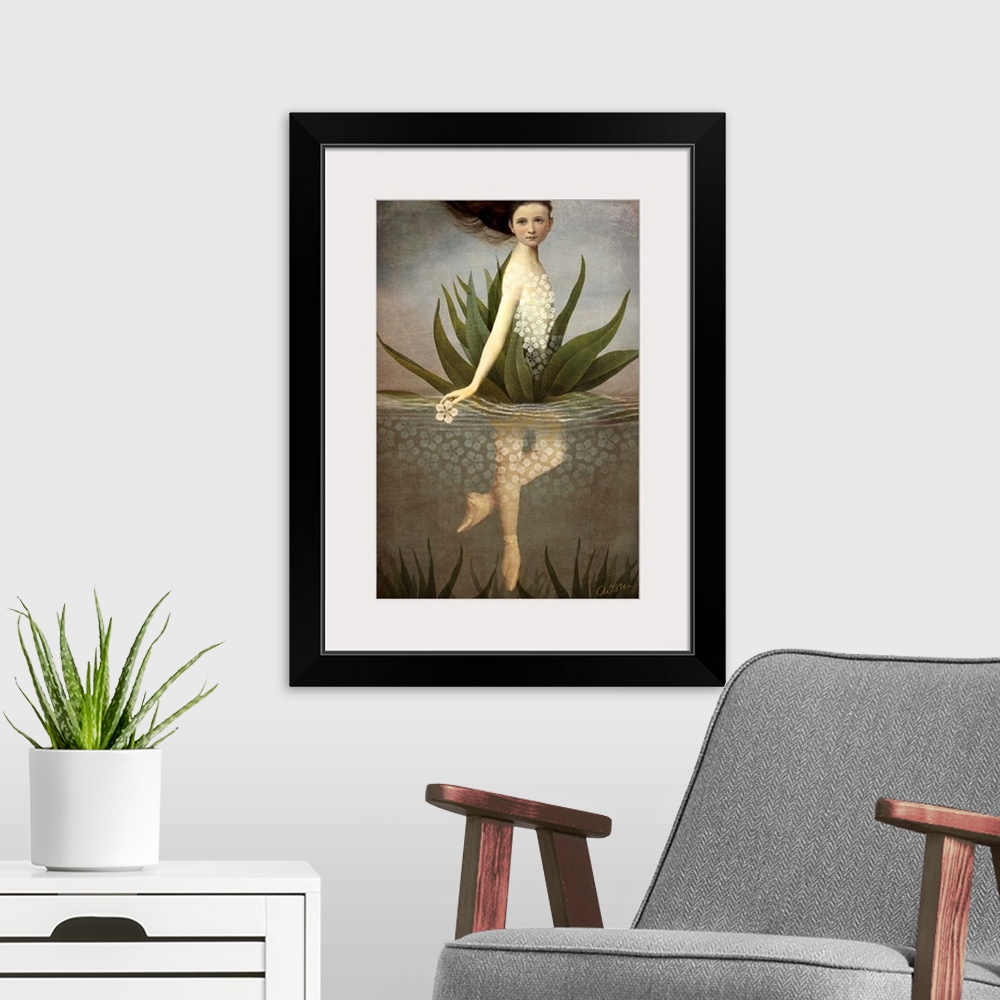 A modern room featuring A digital vertical composite of a female as a water lily.