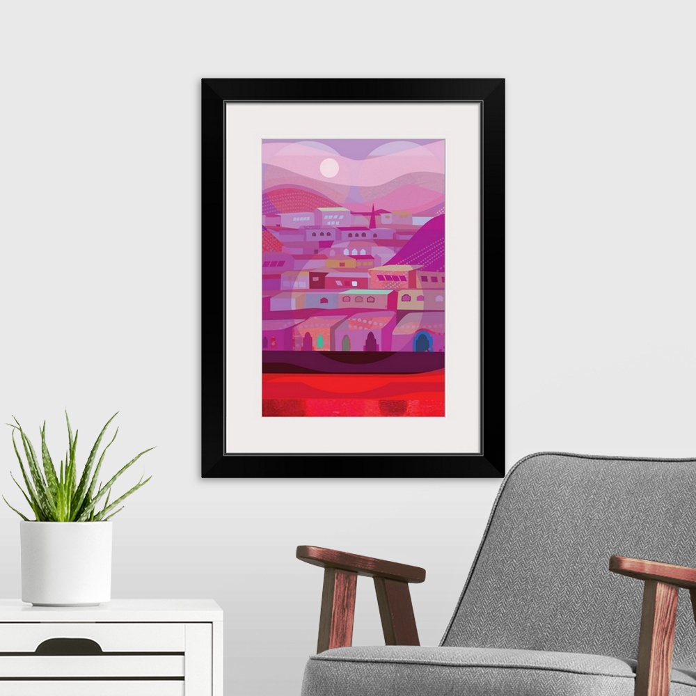 A modern room featuring A vertical illustration of houses near mountains, in various shades of pink with light circular a...