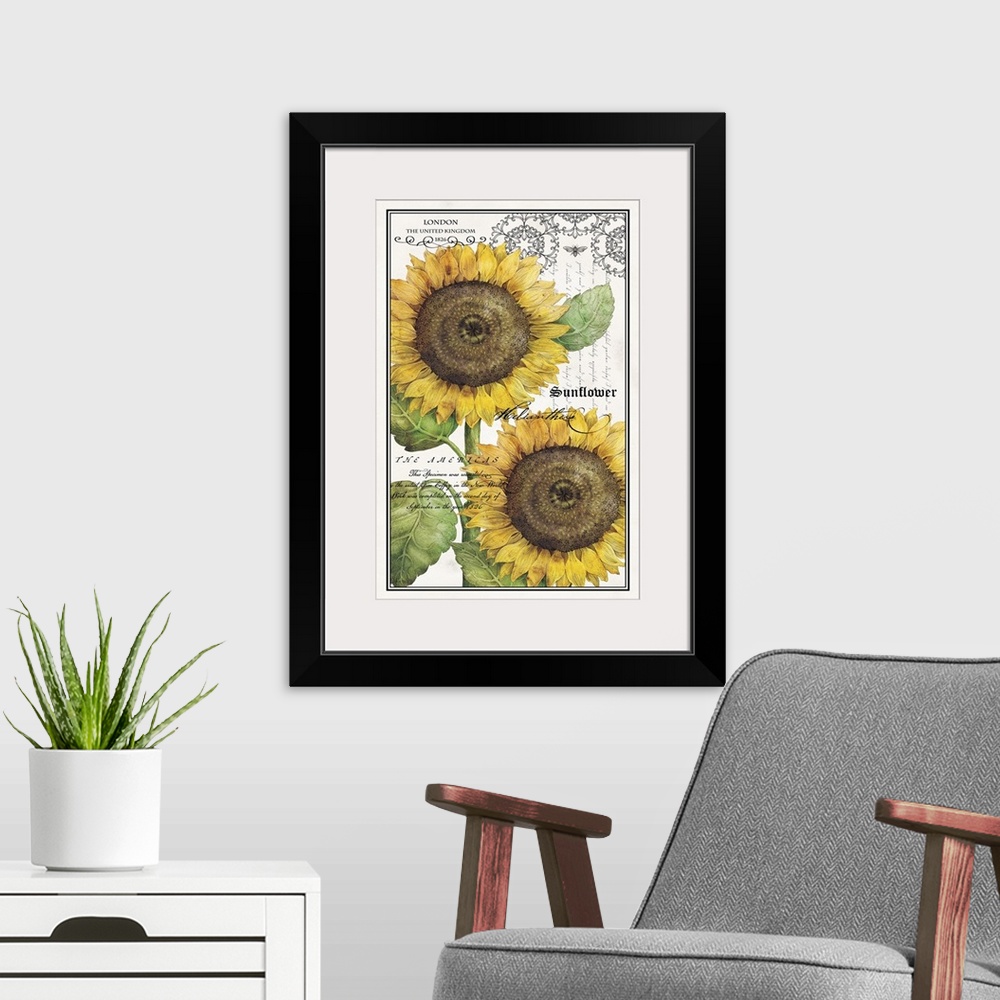 A modern room featuring Antique style home docor art of two bright yellow sunflowers with fancy script text and an outlin...