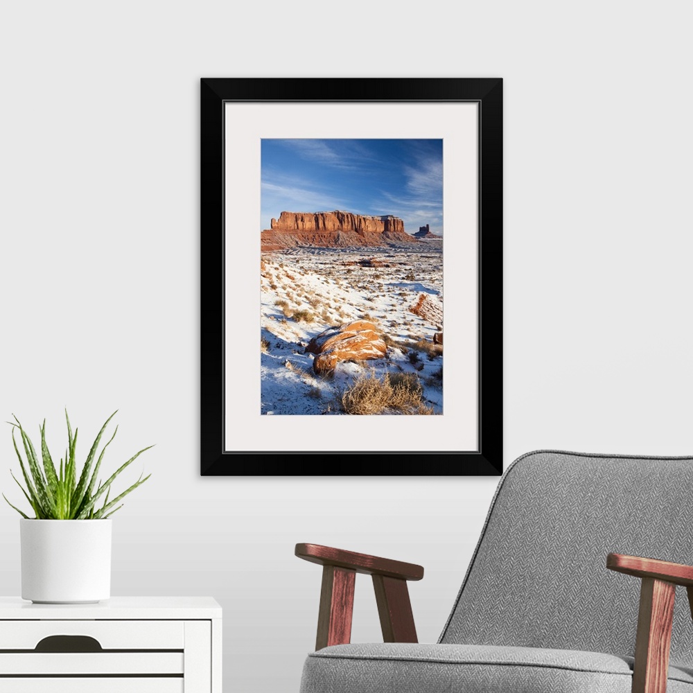A modern room featuring USA, Arizona, Monument Valley Navajo Tribal Park. Monument Valley in the snow, morning.