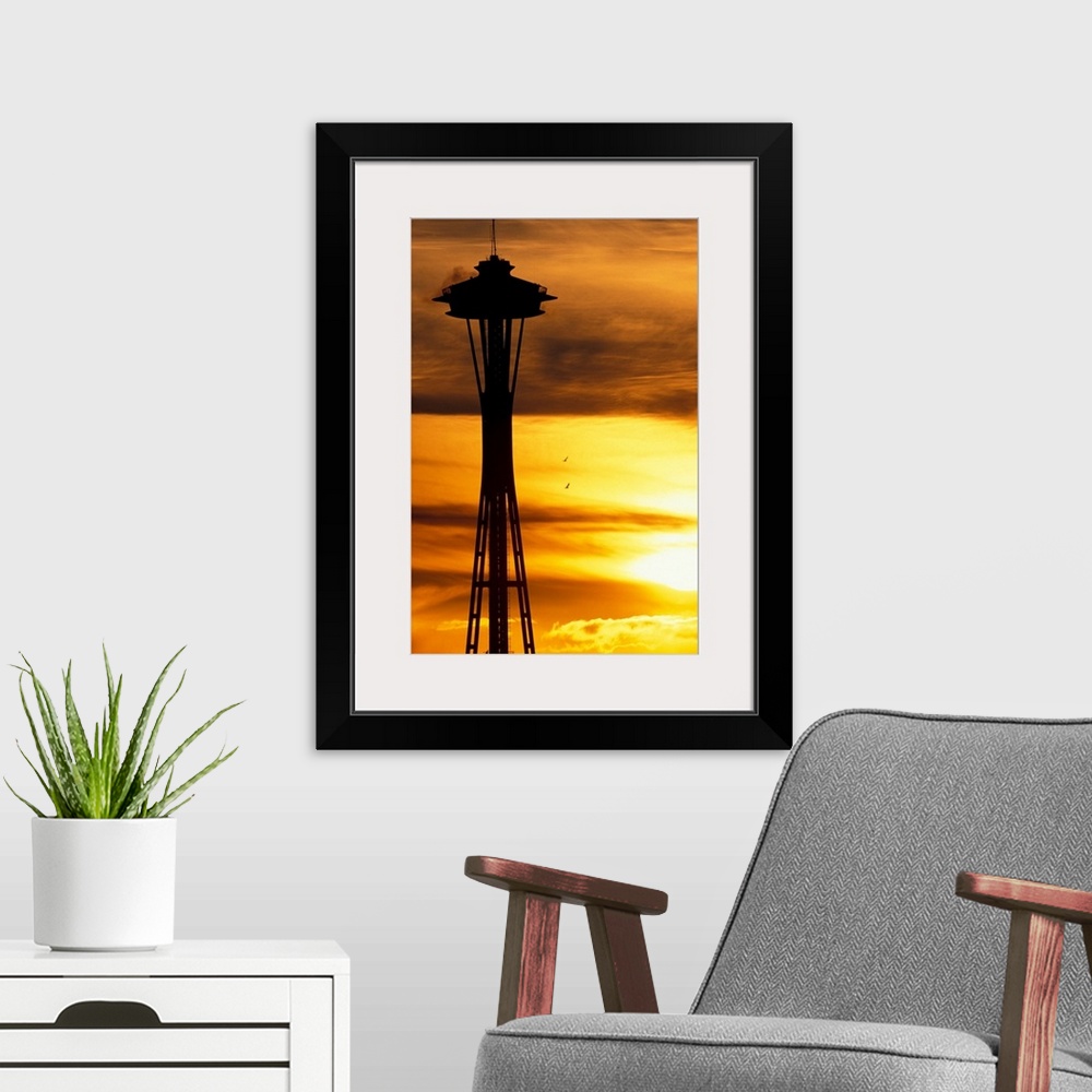 A modern room featuring Washington, Seattle, Space Needle at sunset.