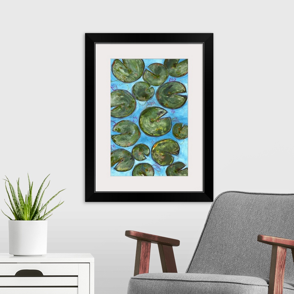 A modern room featuring Large painting of lily pads on a blue background with thin pink, purple, orange, and yellow layer...