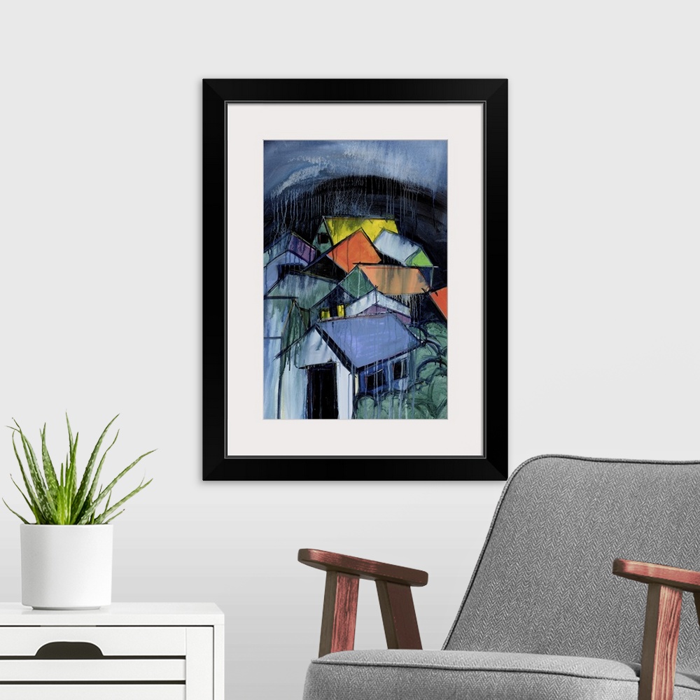 A modern room featuring A contemporary abstract painting of a cluster of houses with colorful roofs under a dark blue dri...