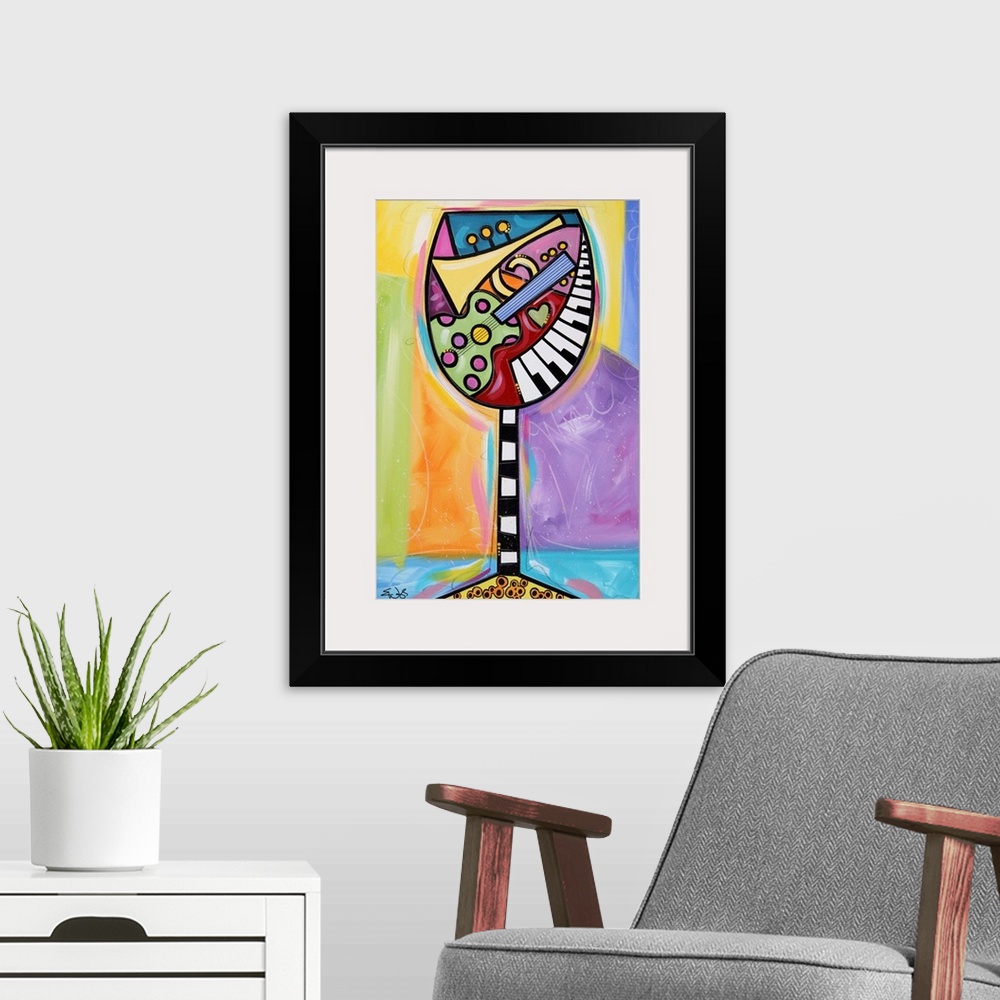 A modern room featuring Giant, vertical contemporary painting of a large wine glass full of colorful shapes and musical i...