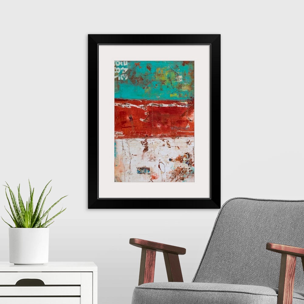 A modern room featuring Textured abstract painting in layered sections of teal, red, and white with pops of yellow on top...