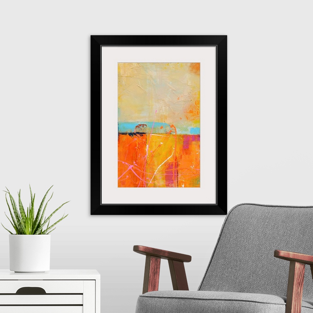 A modern room featuring A vertical abstract painting that has a candy color palate with layered textures and colors divid...