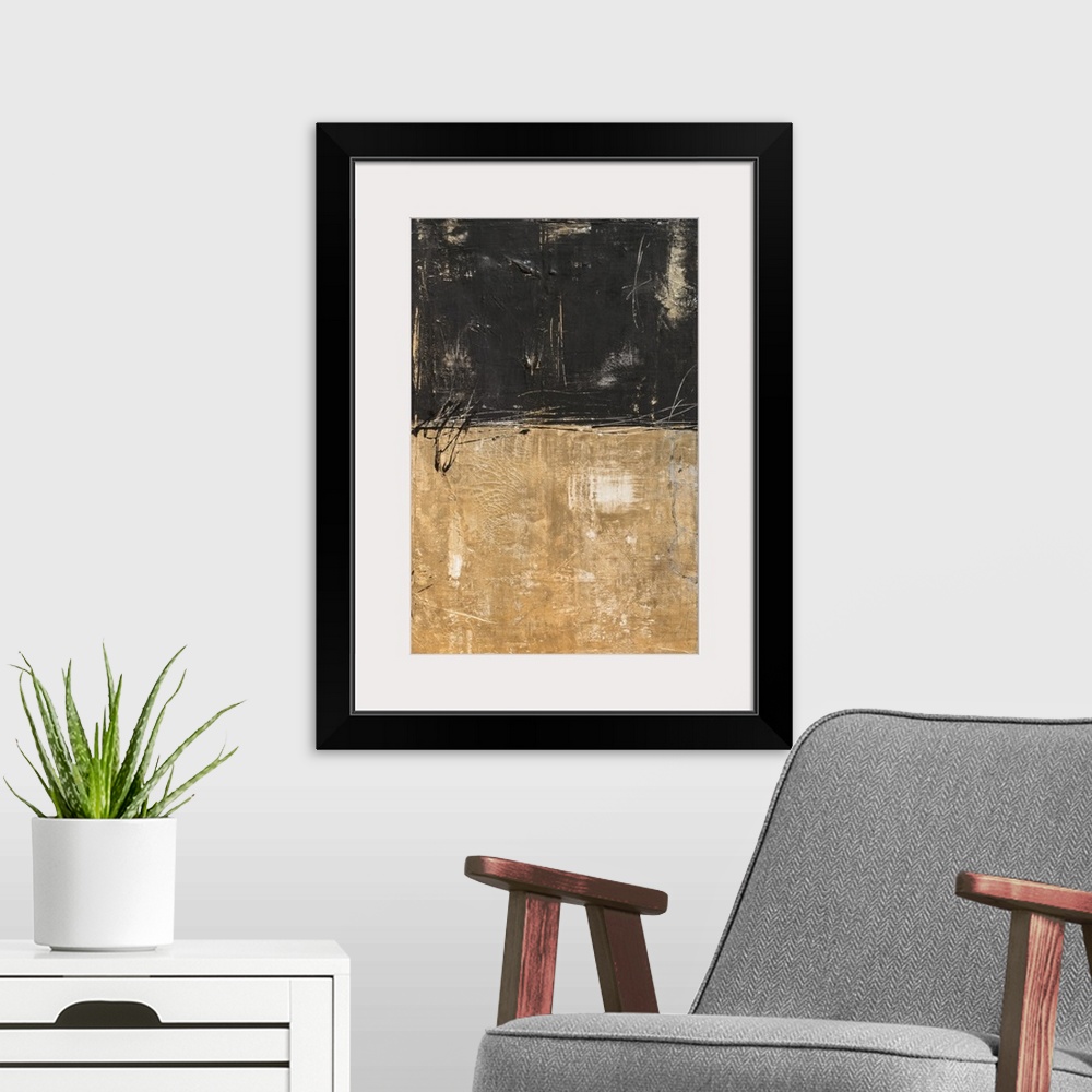 A modern room featuring Abstract painting with textured gold and black splitting the painting in half with a thin, black ...