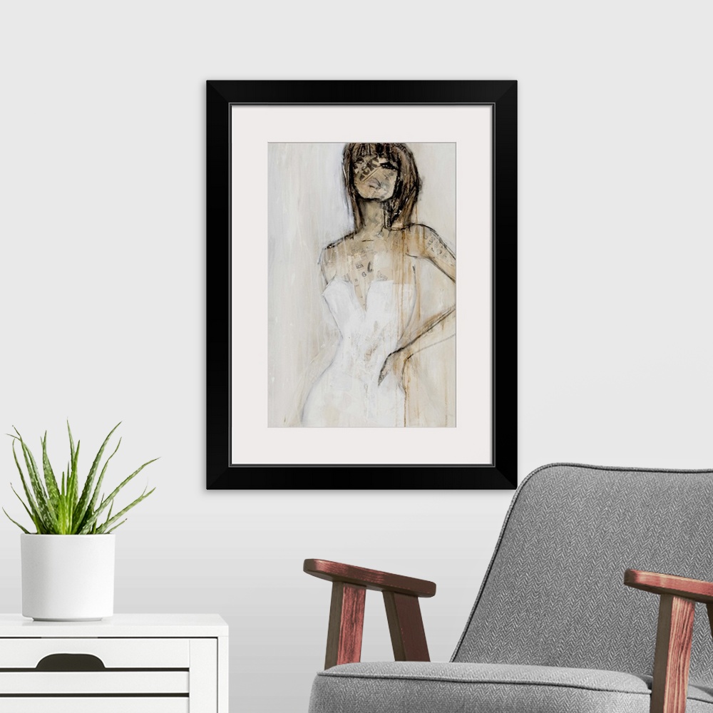 A modern room featuring A contemporary abstract painting of a brunette woman wearing a white strapless dress with her han...