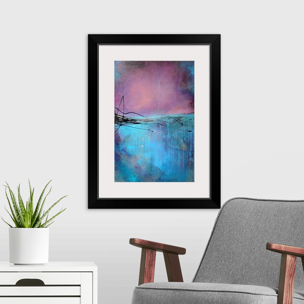 A modern room featuring A vertical abstract painting created with layers and textures of paint. The shift in color in the...