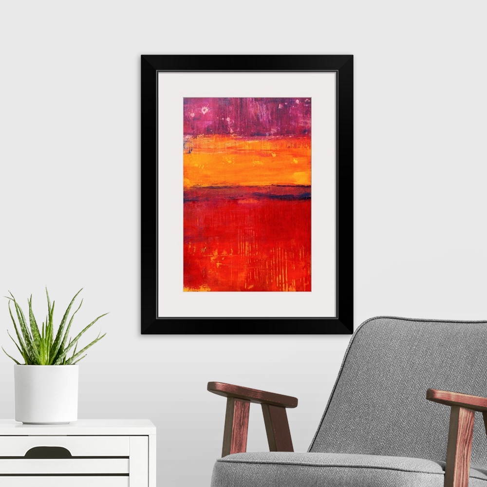 A modern room featuring This vertical abstract painting is made of three stripes of color created with various applicatio...