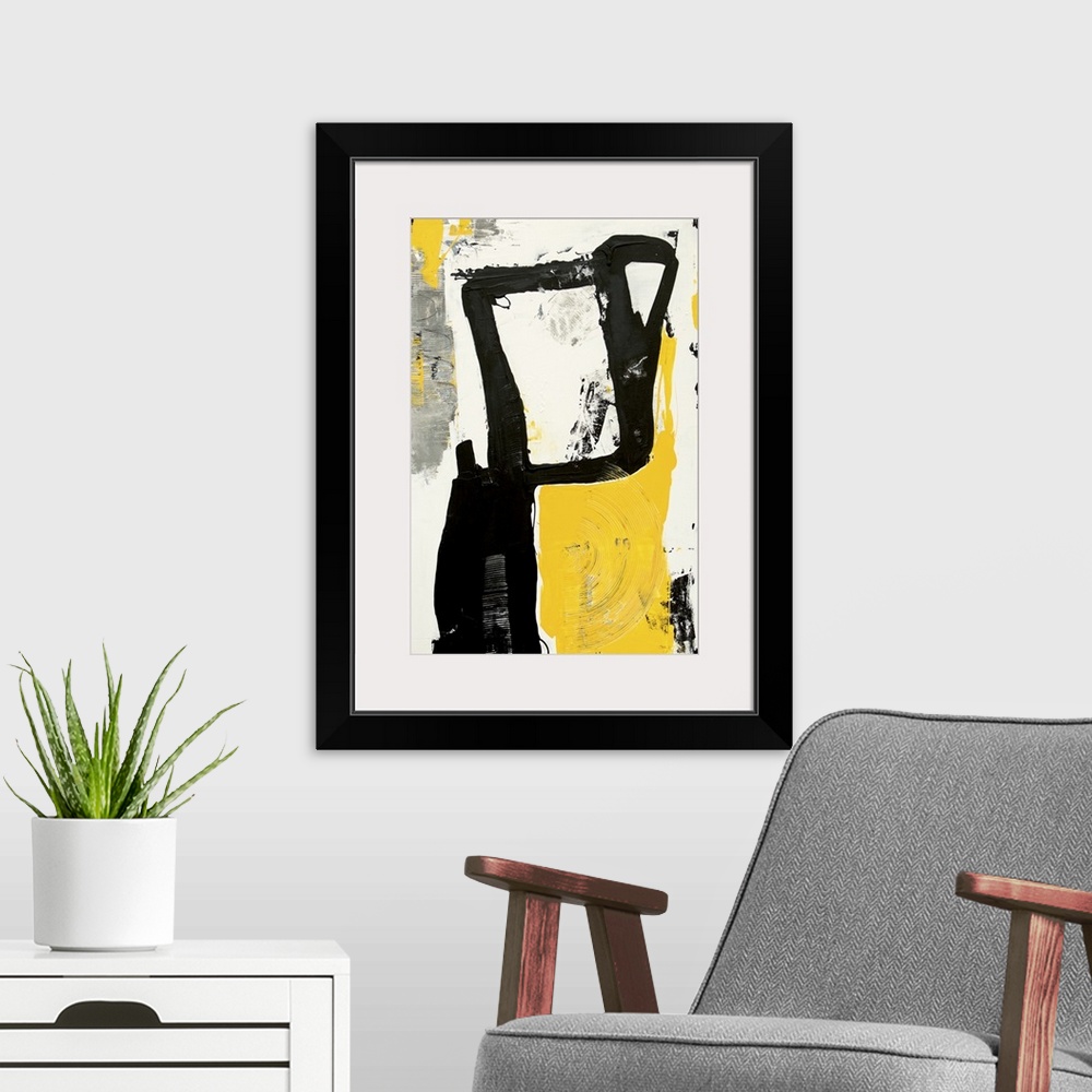 A modern room featuring Contemporary abstract painting using harsh black strokes with yellow and gray.