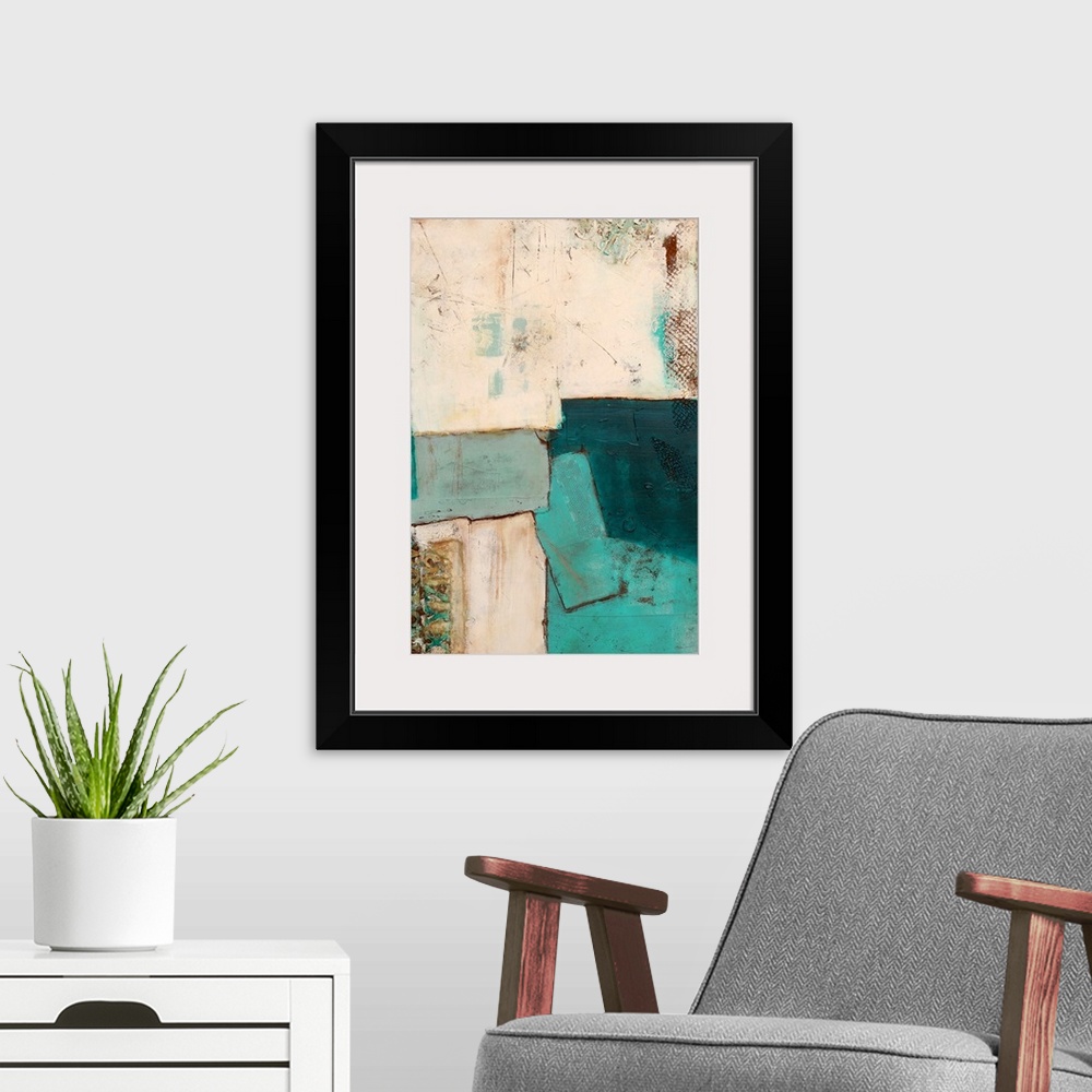 A modern room featuring Contemporary abstract painting of a color-field of weathered cream and teal colors.