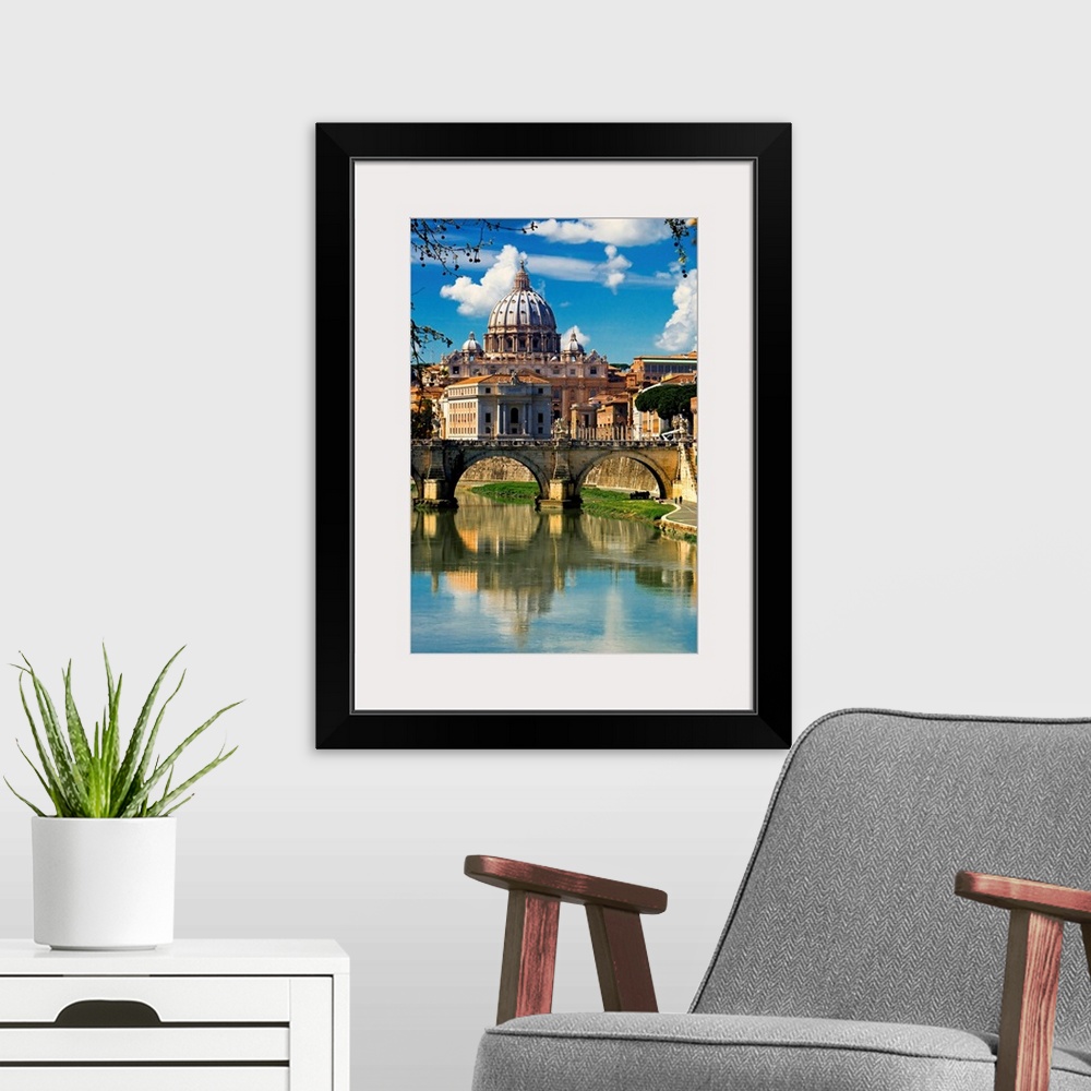 A modern room featuring Italy, Rome, View of St Peter basilica trough St Angel Bridge on Tevere river
