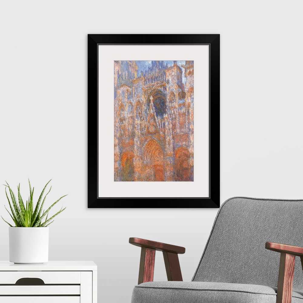 A modern room featuring Rouen Cathedral. The Portal and Saint Romain Tower, Full Sunlight Harmony in Blue, by Claude Mone...