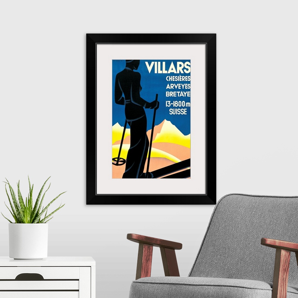 A modern room featuring private collection. Advertising poster mountain female skier yellow blue black Villars Switzerlan...