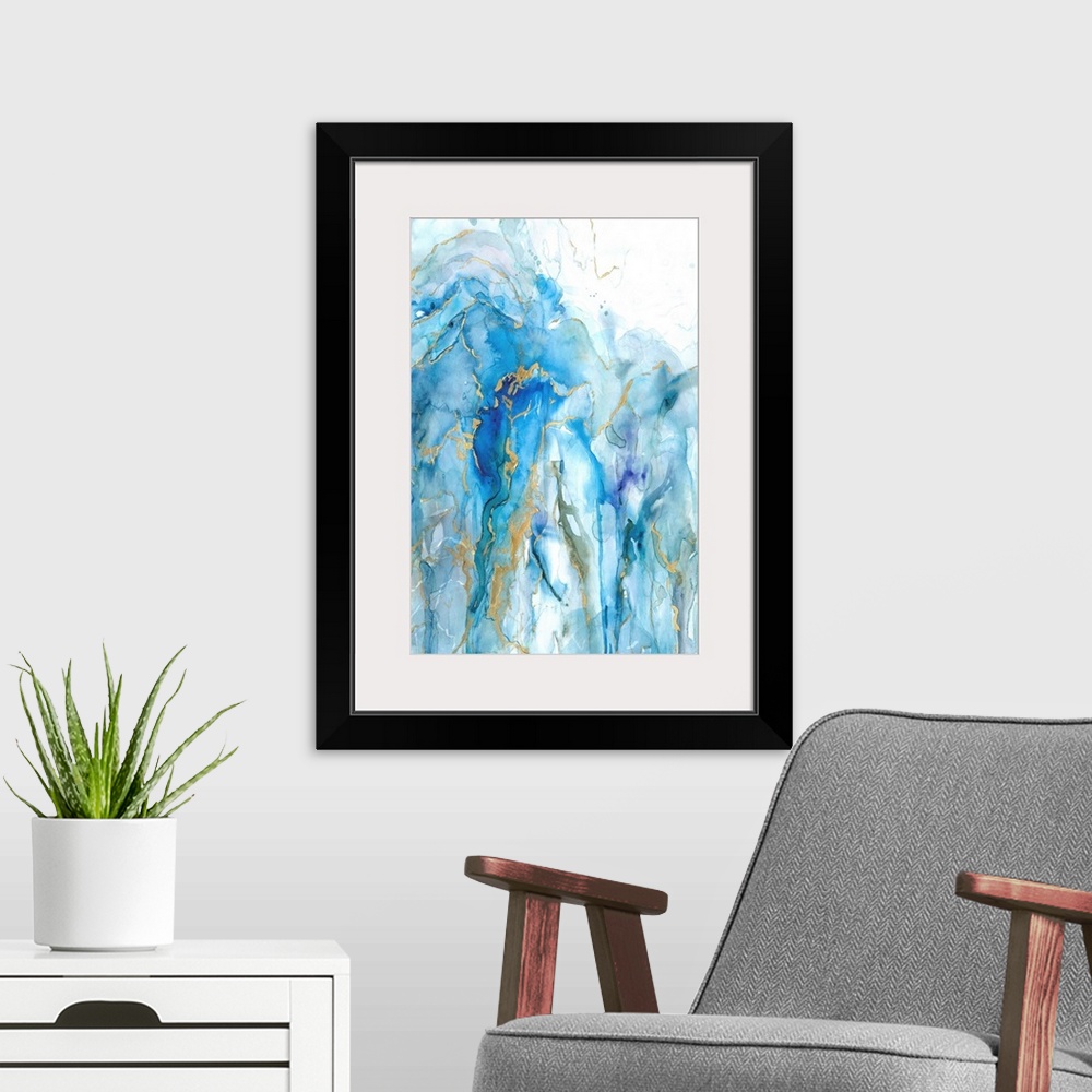 A modern room featuring Large abstract painting with dripping watercolors in shades of blue and green with metallic gold ...